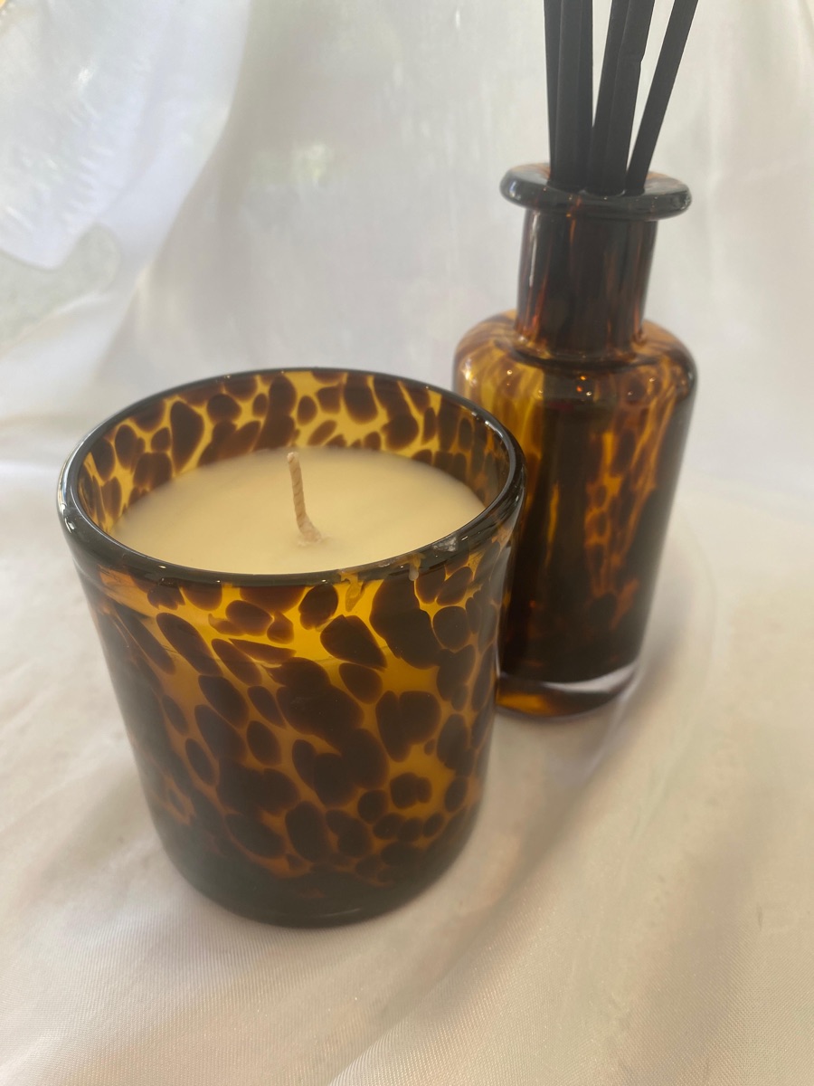 Brown leopard candle and matching diffuser